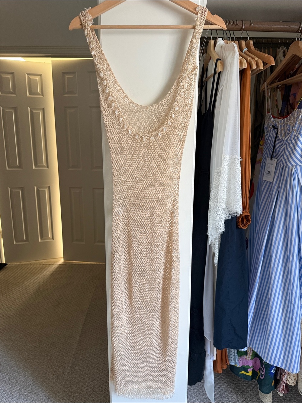 Mirror Palais Beige Beaded Crystal Crochet Dress in Champagne - Picture 7 of 9